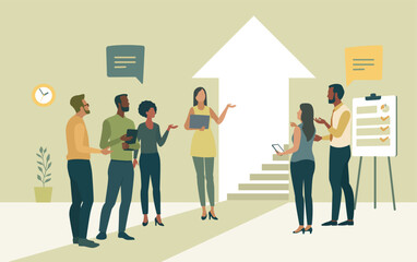 The career steps. Growth. Team follows an ascending arrow with a staircase inside. Vector illustration of a business concept. 