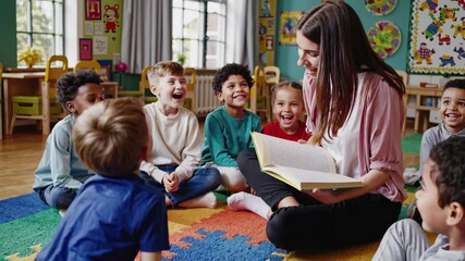 Teacher reads to kids in kindergarten classroom. Preschool children sit on colorful rug during reading time. Learning moment with teacher shows fun education in preschool learning space. - Powered by Adobe