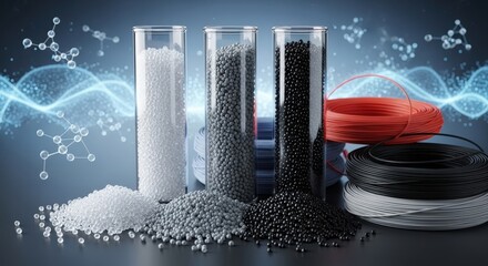 Transparent, gray and black plastic granules in three round test tubes on a white table with a background of nanotechnology