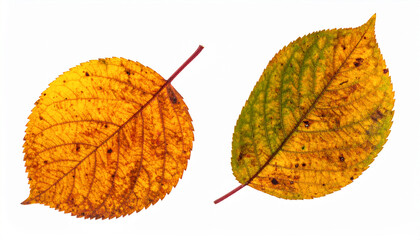Obraz premium Close-Up Two Cherry Tree Autumn Leaves Isolated on White Background