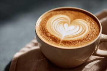 Close-up of freshly brewed cappuccino with heart-shaped latte art on foam