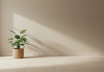 Minimalist interior with a Monstera plant and a blank wall for mockup