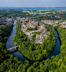 Durham city centre on a sunny day, aerial view of the north east city showing the river, cathedral and centre of the historic city in england