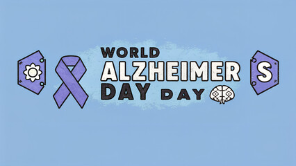 World alzheimers day awareness ribbon and brain icons on a blue background