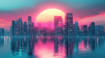 Fototapeta premium Colorful City Skyline with Sunset Reflection Over Water Surface