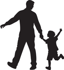 Silhouette of Father and Son Walking Together Hand in Hand with the Boy Running and Raising His Arm