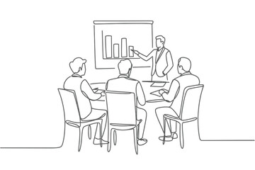 Line Drawing of Business Meeting with Presentation on White Background