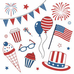 4th July festive vector set isolated on white background. USA Independence Day elements with patriotic gnome, sweets, balloons, fireworks, garland. For poster, banner, cards, web template