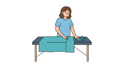 Therapist Preparing Massage Table with Towel