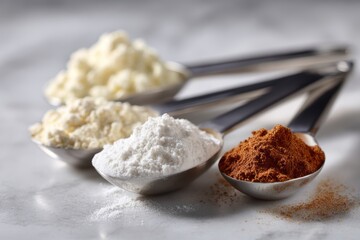 Set of stainless steel measuring spoons with flour and spices on table