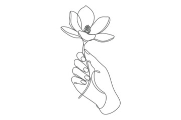 Elegant Hand Holding a Delicate Magnolia Flower Line Art