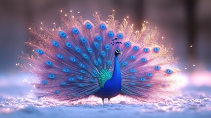 Majestic peacock with iridescent plumage in a winter wonderland.
