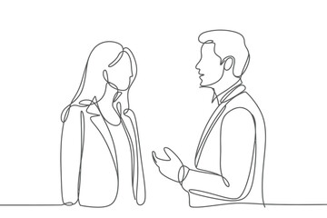 Continuous Line Drawing of Business People in Conversation on White Background