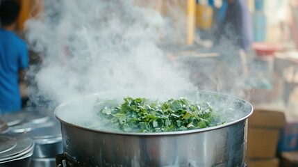 Steaming Fresh Greens in Traditional Cooking Pot at Local Market