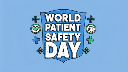 World patient safety day illustration with heart and hand symbols on a blue background