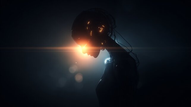 Isolated futuristic artificial intelligence cyborg in a dark digital space.
- Powered by Adobe