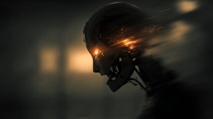 Fototapeta premium Intense robot head shot with fiery eyes against a blurred background. 