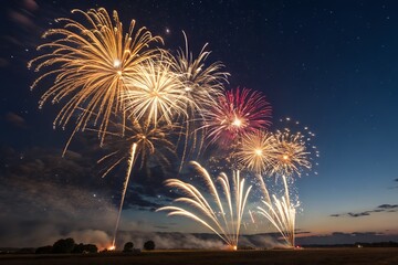 Spectacular fireworks display at night with golden and red explosions