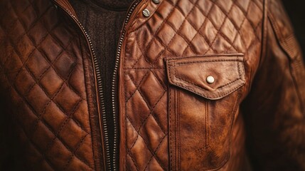 Close-up of a quilted brown leather jacket.