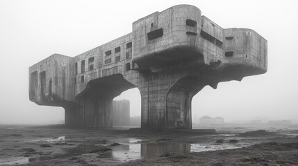 Concrete structure with an unusual form in a foggy landscape.