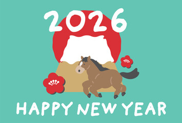 初日の出と富士山、馬のイラスト　年賀状デザイン　2026　午年　