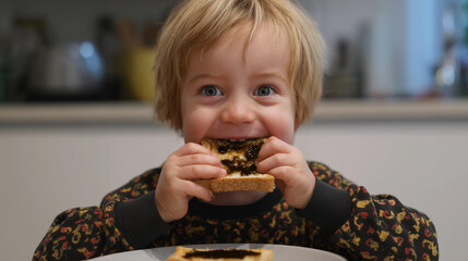 boy eating slice of vegemite and butter spread on toast for breakfast