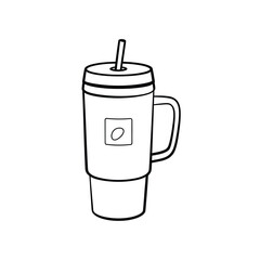 Outline Illustration of a Travel Mug with Straw and Handle