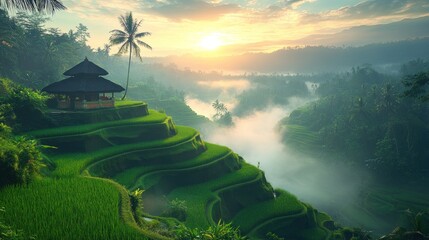 Lush terraced rice paddies at sunrise.