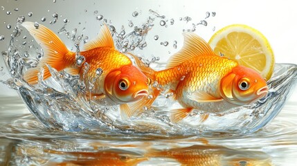 Two goldfish leaping in splashing water with a lemon.