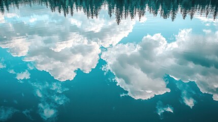A mirrored reflection of a summer sky with fluffy clouds over a teal-colored lake.
