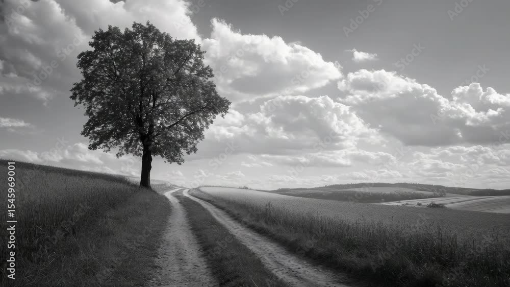 Poster a path through an open field with a lone tree at its end.