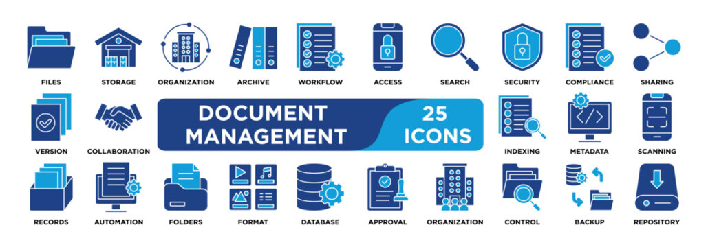 DOCUMENT MANAGEMENT icon collection set. Containing document,storage,archive,access,version,metadata,workflow,security,retrieval,sharing icon. dual tone vector.	