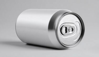 A sleek, silver aluminum beverage can rests on a neutral gray background, subtly angled to showcase its smooth cylindrical form and unblemished surface, featuring a slightly visible pull-tab