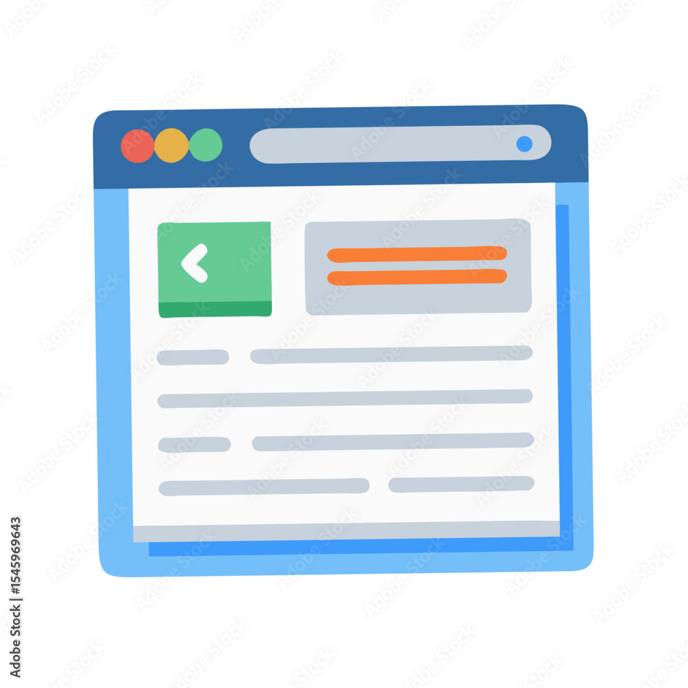 Poster colorful web browser window with navigation buttons, flat design on a white background