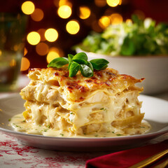 Warm, inviting slice of creamy lasagna nestled in a festive setting with glowing lights and fresh basil