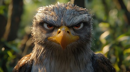Close-up view of an angry cartoon bird.