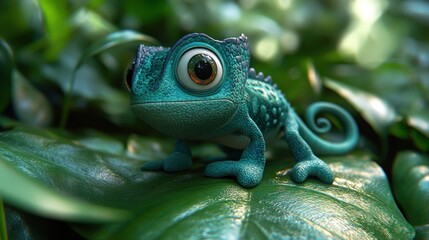Teal chameleon on a lush green leaf.