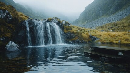 A tranquil waterfall cascading into a mountain pool.