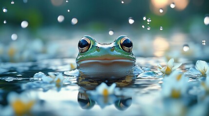 Close-up of a frog resting on water, surrounded by flowers.