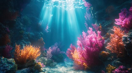 Vibrant coral reef bathed in sunlight.