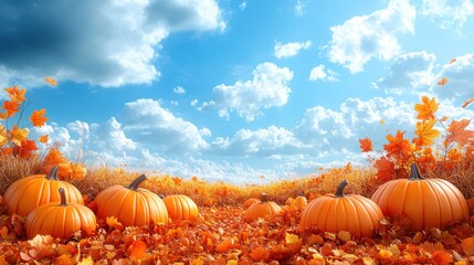 Autumn pumpkins in a field under a clear sky.