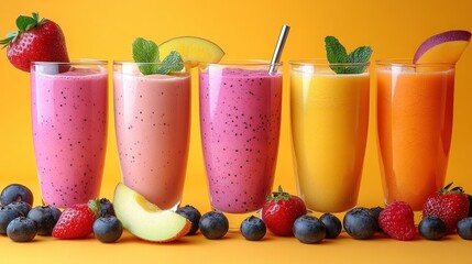 Colorful fruit smoothies in tall glasses.