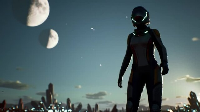  A female explorer in a futuristic suit walking on an alien planet under a dramatic sky.