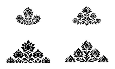 Black floral decorative corner vector designs with symmetrical leaf patterns
