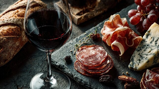 Elegant charcuterie close-up with red wine glass, sliced salami, blue cheese, prosciutto, grapes, and rustic bread on slate board in moody lighting