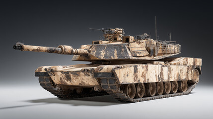 Fototapeta premium Modern desert camouflage tank isolated on black background