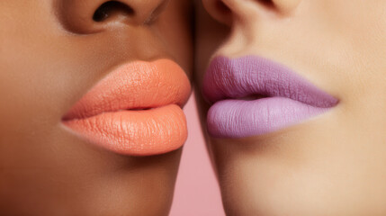 Obraz premium Duo of vibrant lip colors showcasing peach and purple hues against a soft pastel backdrop for creative beauty expressions