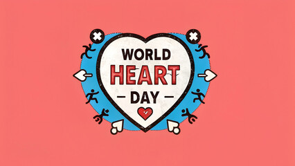 World heart day illustration with a heart shape and running figures on a pink background