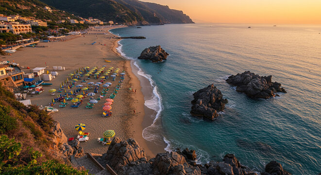 Aerial view of colorful umbrellas, sandy beach and blue sea with waves and rocks at sunset,sea, beach, coast, ocean, water, landscape, island, sand,