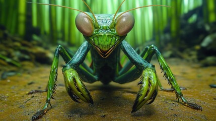 Close-up of a vibrant green praying mantis.